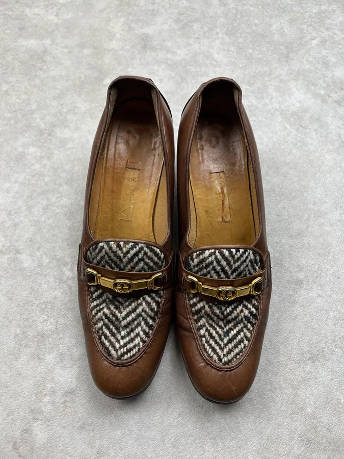 Gucci Wool Golden Buckle Chevron Brown Leather Heels OKpXgNP 4