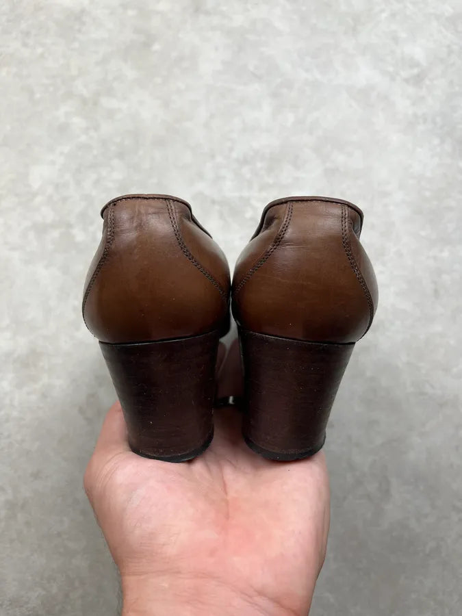 Gucci Wool Golden Buckle Chevron Brown Leather Heels OKpXgNP 5