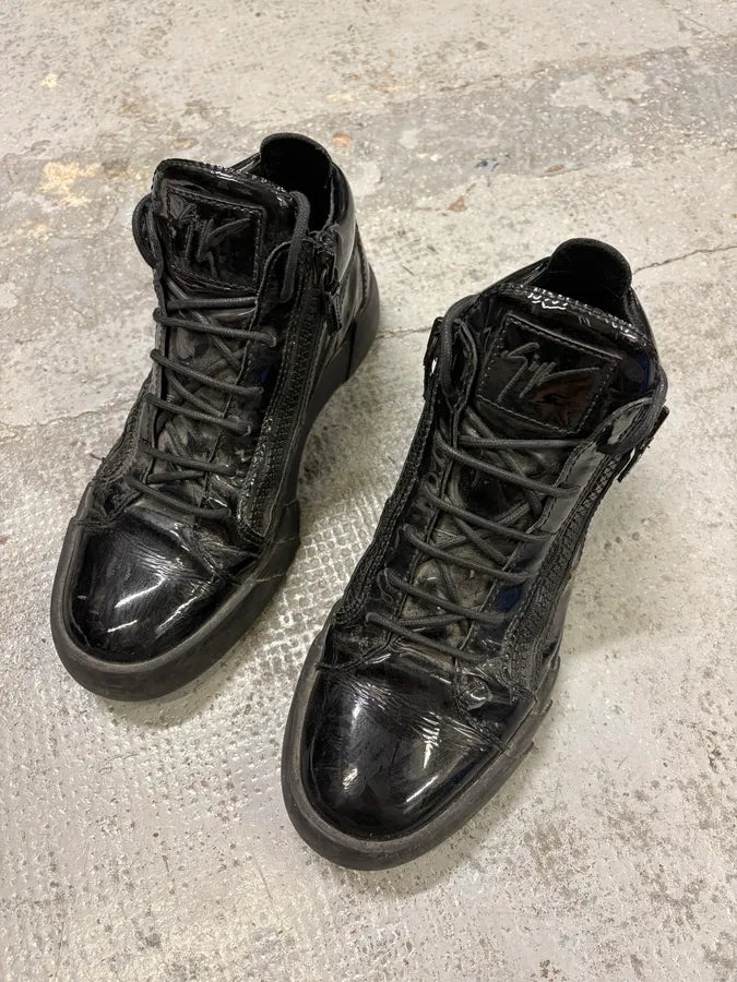 Guiseppe Zanotti Shiny Black Leather Zip High Sneakers CRkLztS 3