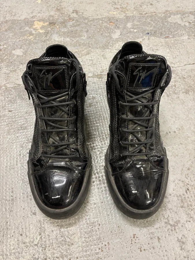 Guiseppe Zanotti Shiny Black Leather Zip High Sneakers CRkLztS 1