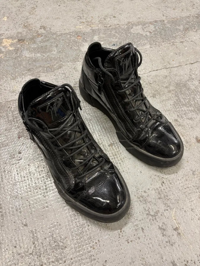 Guiseppe Zanotti Shiny Black Leather Zip High Sneakers CRkLztS 2
