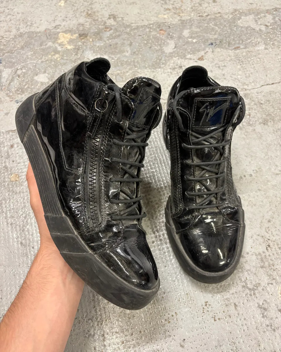 Guiseppe Zanotti Shiny Black Leather Zip High Sneakers CRkLztS 0