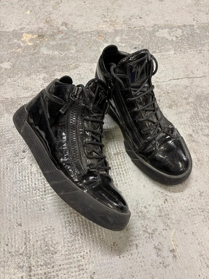 Guiseppe Zanotti Shiny Black Leather Zip High Sneakers CRkLztS 4