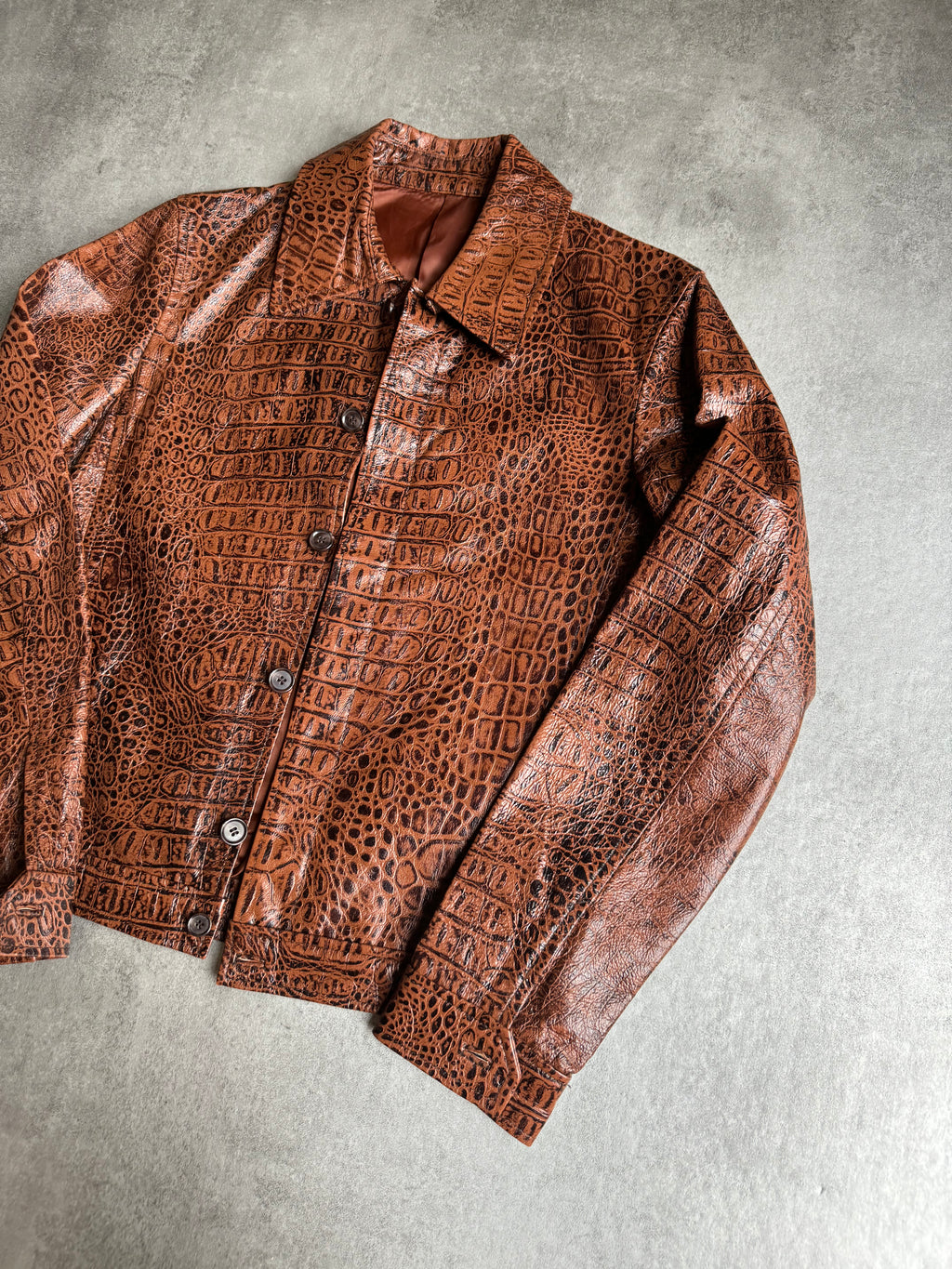Tornado Mart Crocodile Effect Brown Leather Jacket (S) – Dolce Tornado Mart Crocodile Effect Brown Leather Jacket (S) – Dolce