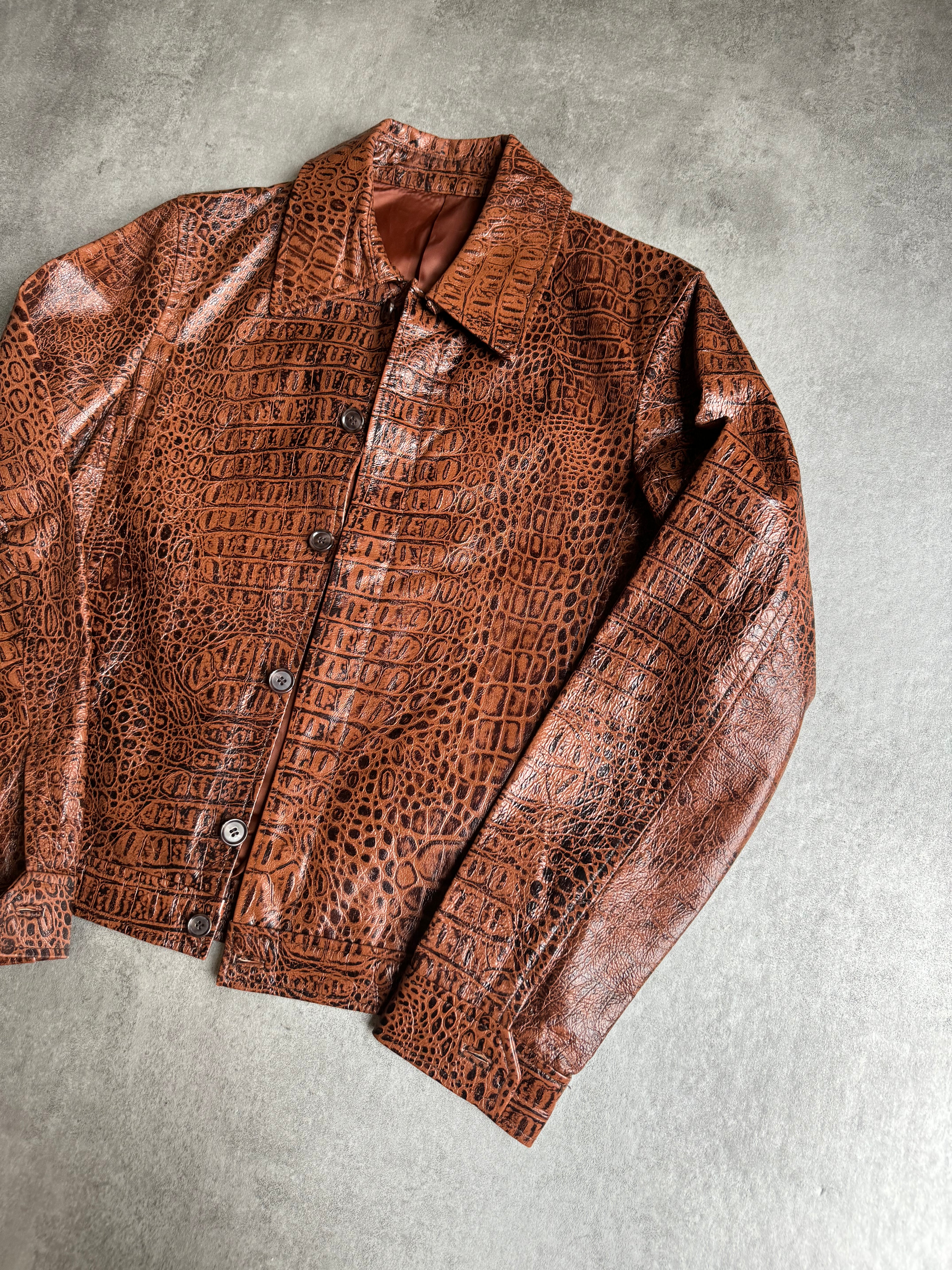 Tornado Mart Crocodile Effect Brown Leather Jacket (S) – Dolce Tornado Mart Crocodile Effect Brown Leather Jacket (S) – Dolce