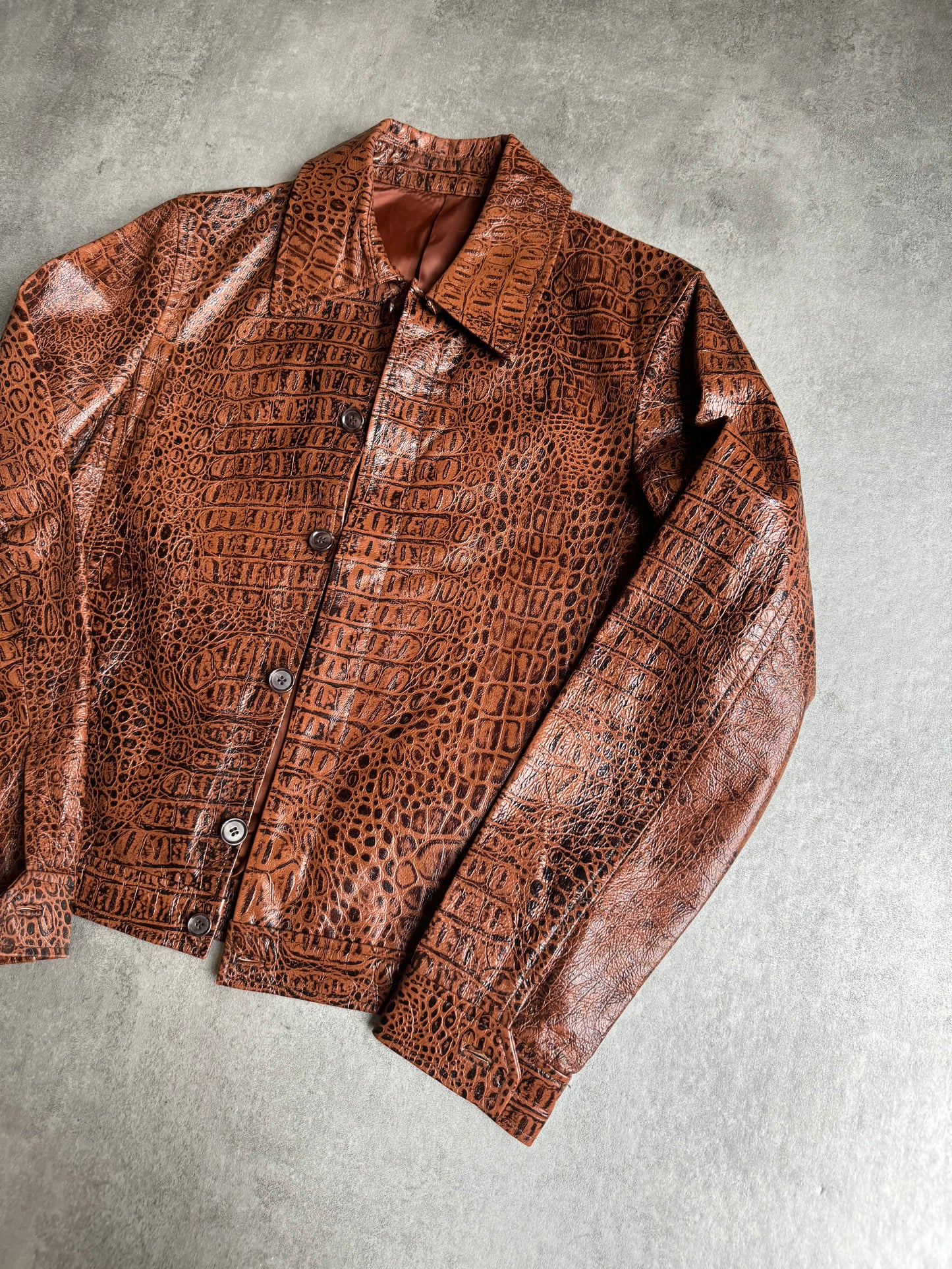 Tornado Mart Crocodile Effect Brown Leather Jacket (S) - 8