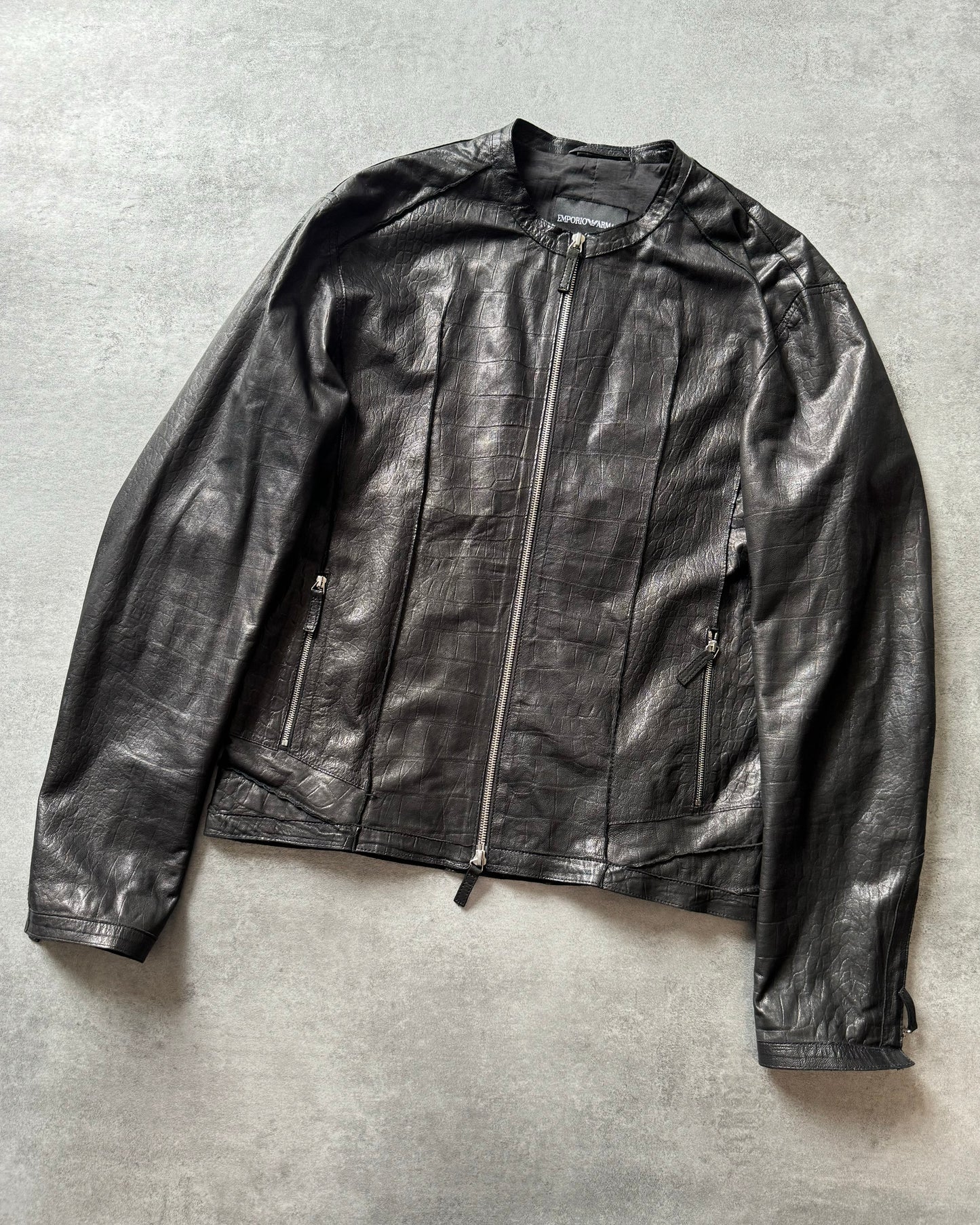 SS2011 Emporio Armani Black Leather Crocodile Effect Jacket (M) - 8