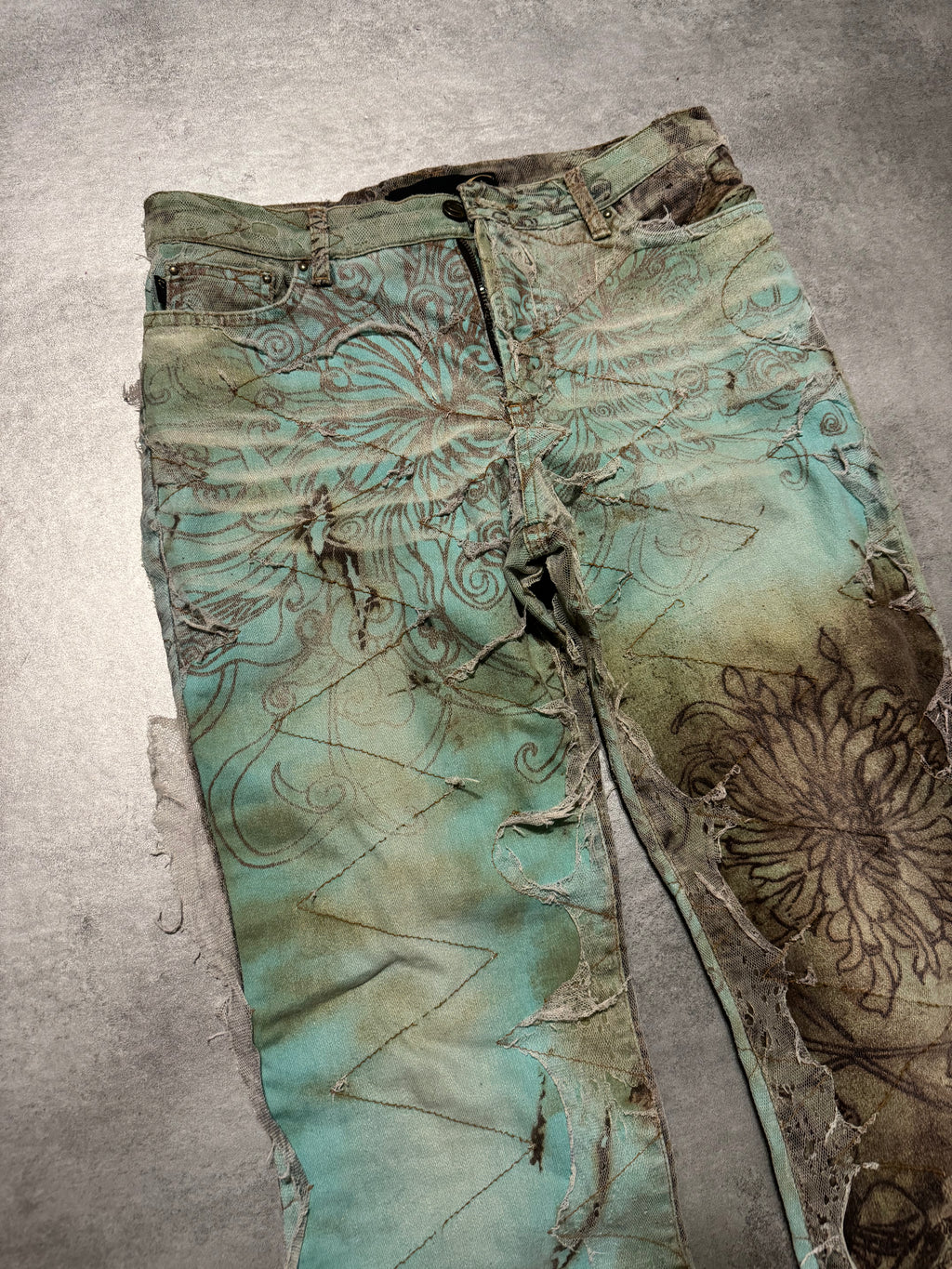 2000s Cavalli Destructured Artistic Floral Blue Pants (S) - 9