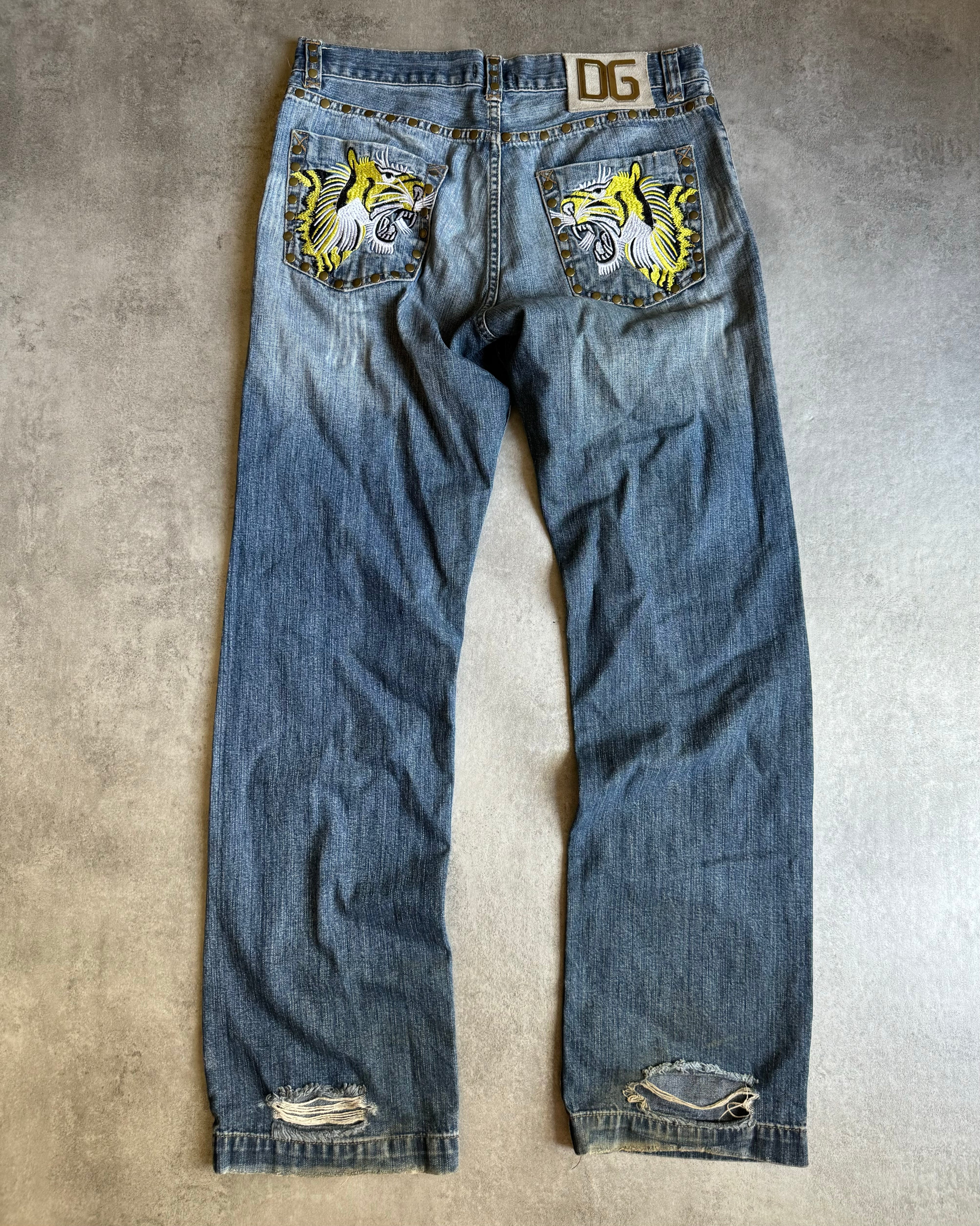 SS2005 Dolce & Gabbana Tiger Embroideries Distressed Jeans (M) - 1