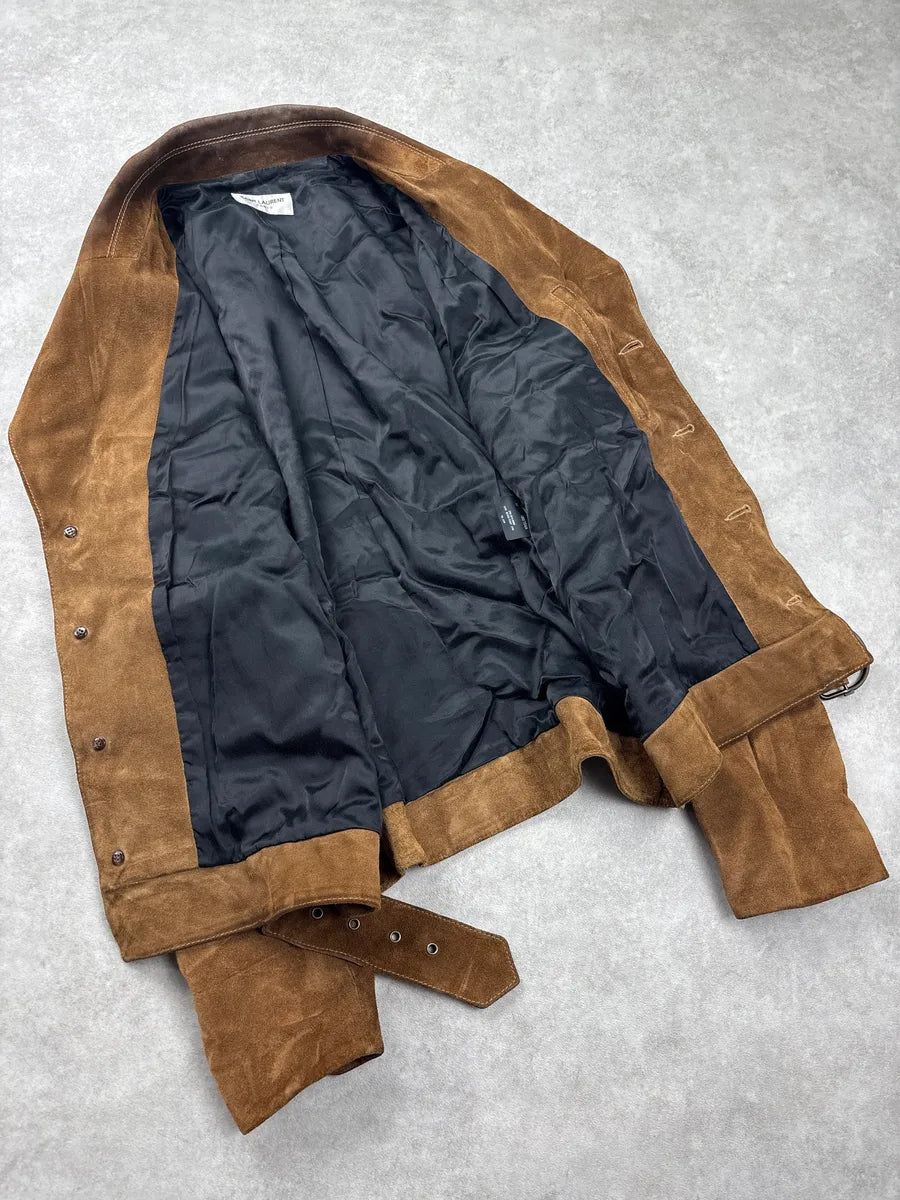 FW2019 Saint Laurent Brown Belted Suede Leather Jacket hNAwmgDi 6