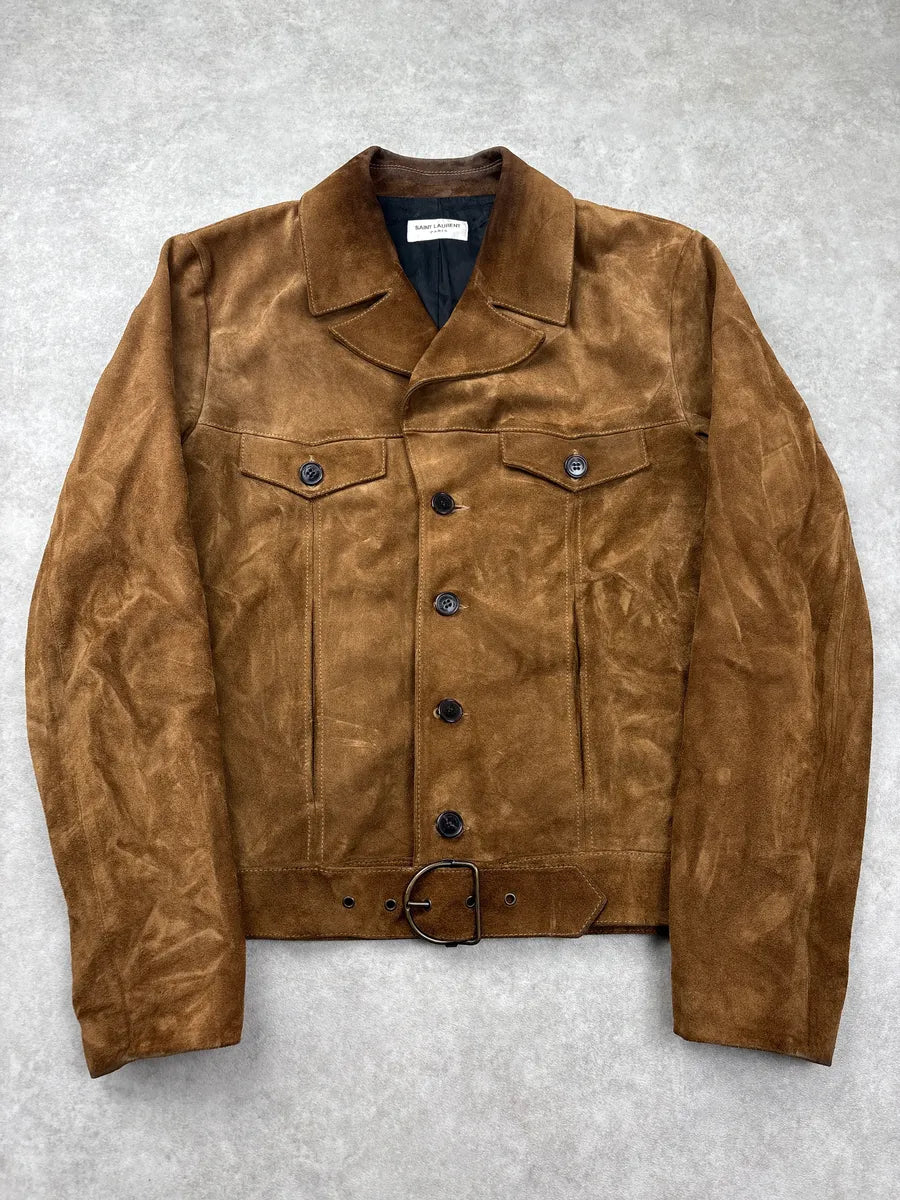 FW2019 Saint Laurent Brown Belted Suede Leather Jacket hNAwmgDi 0