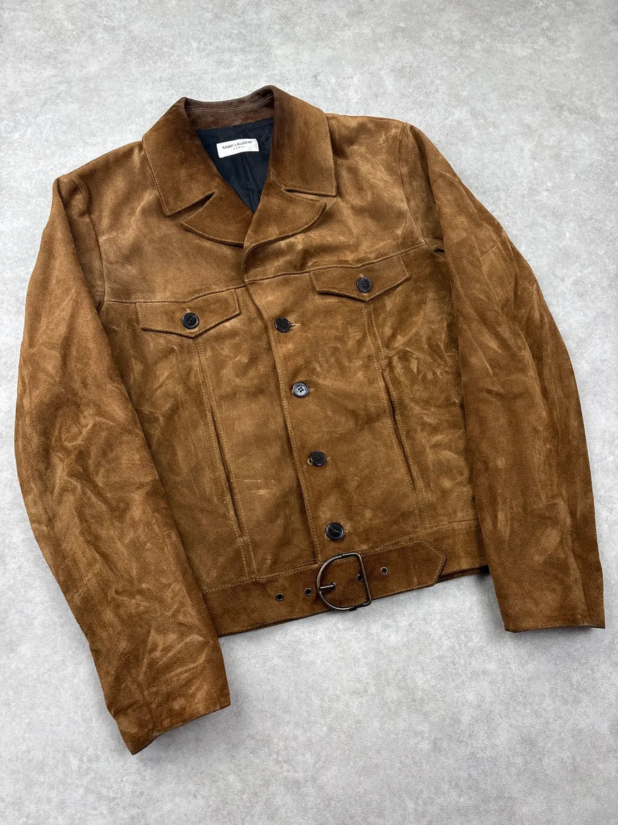 FW2019 Saint Laurent Brown Belted Suede Leather Jacket hNAwmgDi 3