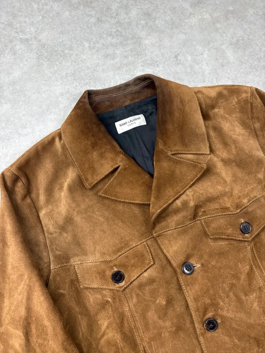 FW2019 Saint Laurent Brown Belted Suede Leather Jacket hNAwmgDi 4