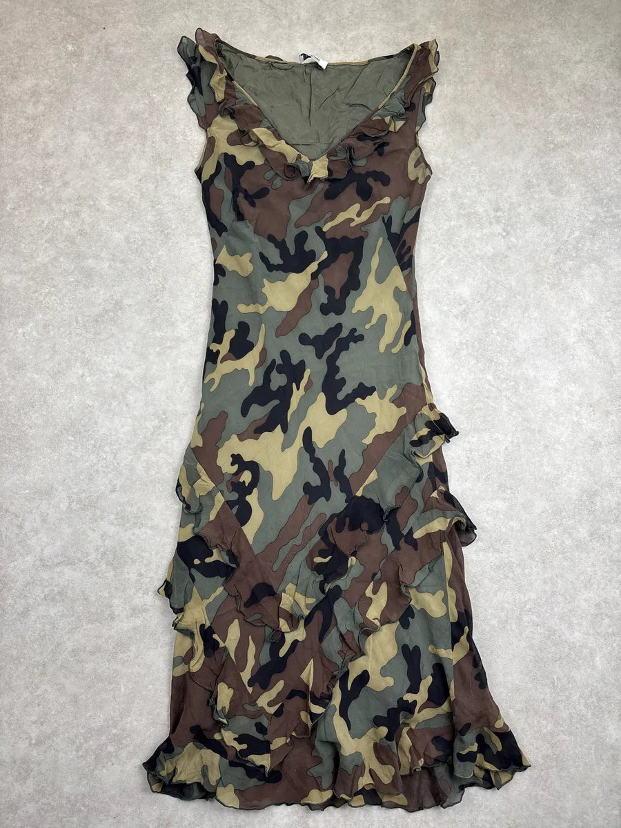 2010s Moschino Camouflage Silk Ruffled Dress hObYrQDJ 2