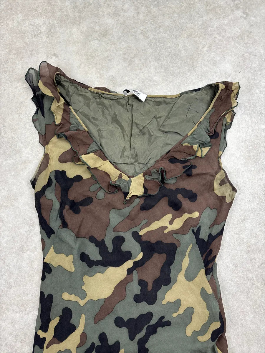 2010s Moschino Camouflage Silk Ruffled Dress hObYrQDJ 5