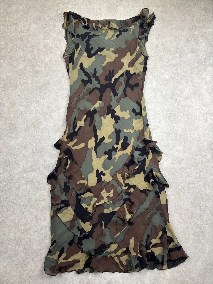 2010s Moschino Camouflage Silk Ruffled Dress hObYrQDJ 3