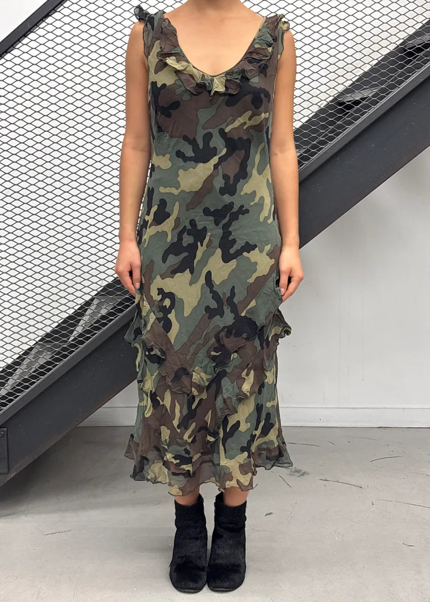 2010s Moschino Camouflage Silk Ruffled Dress hObYrQDJ 0
