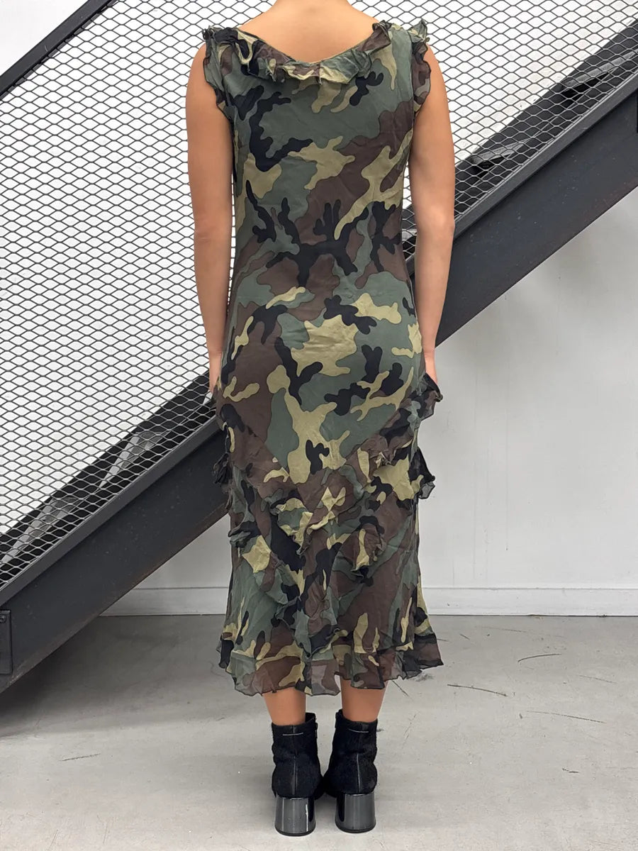 2010s Moschino Camouflage Silk Ruffled Dress hObYrQDJ 1