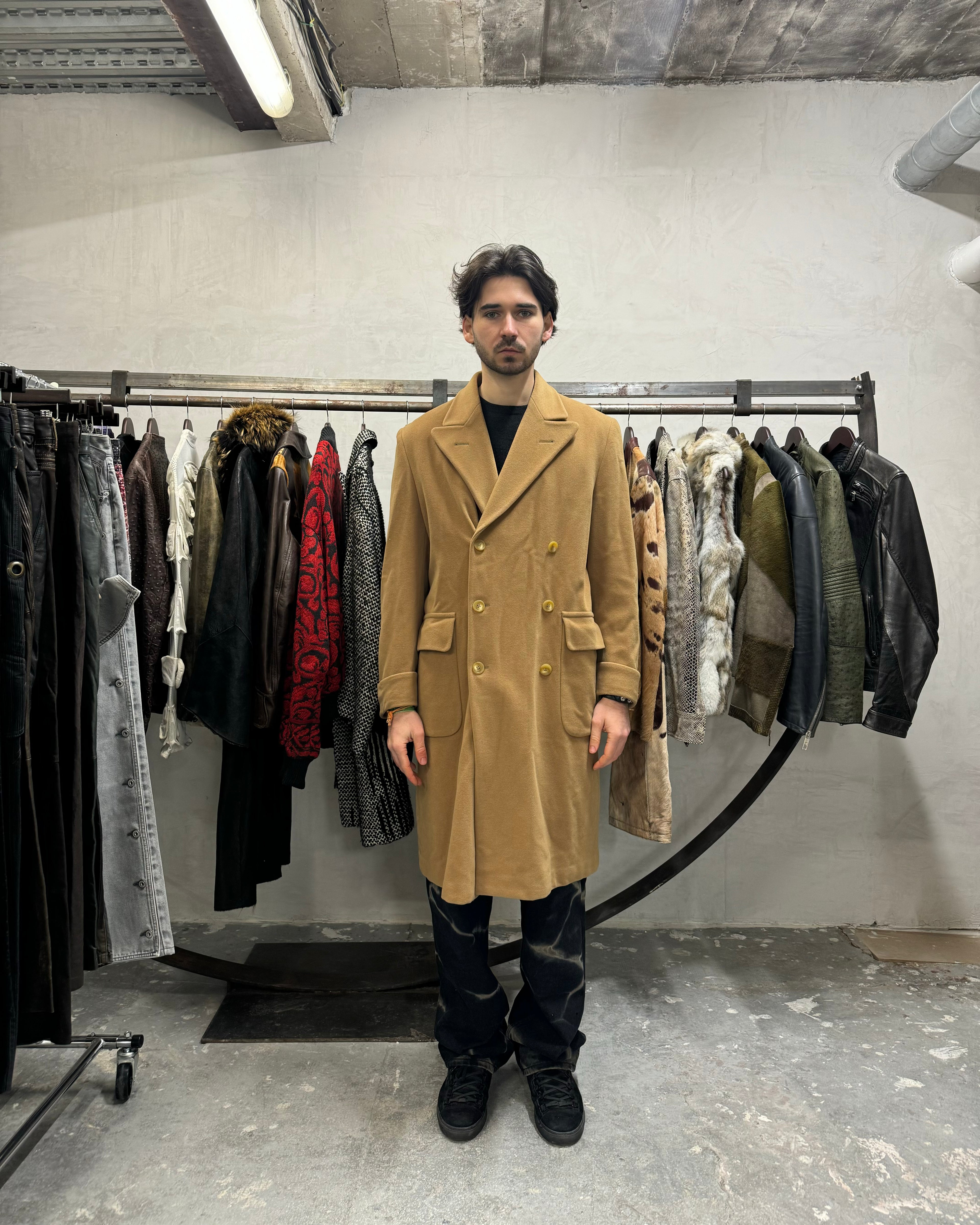 1990s Emporio Armani Camel Italian Captain Wool Trench Coat 1990s Emporio Armani Camel Italian Captain Wool Trench Coat