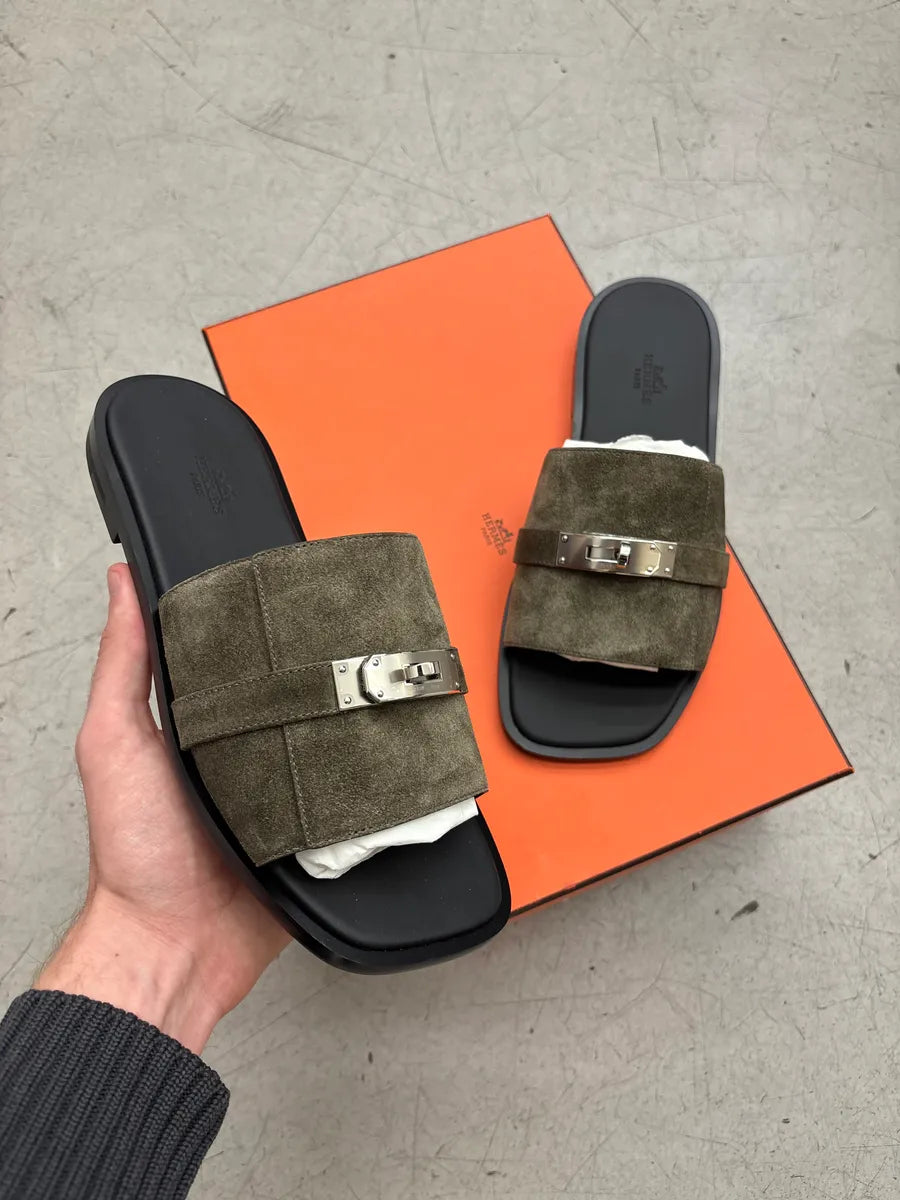 Hermès Olive Taupe Suede Kelly Lock Slide Sandals hZldmDvj 0