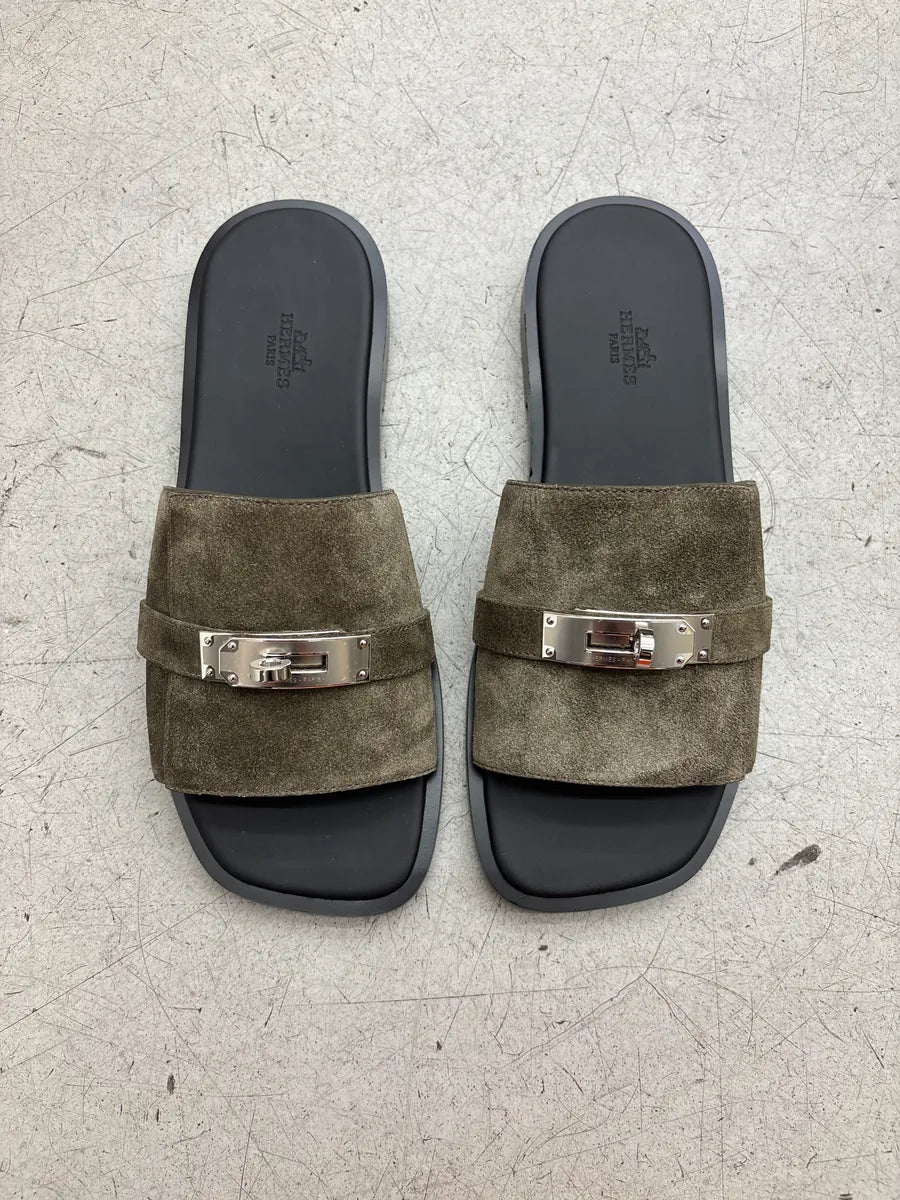 Hermès Olive Taupe Suede Kelly Lock Slide Sandals hZldmDvj 2