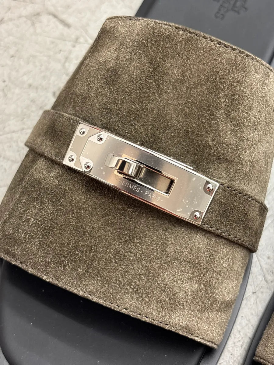 Hermès Olive Taupe Suede Kelly Lock Slide Sandals hZldmDvj 9