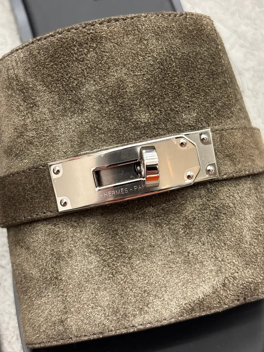 Hermès Olive Taupe Suede Kelly Lock Slide Sandals hZldmDvj 10