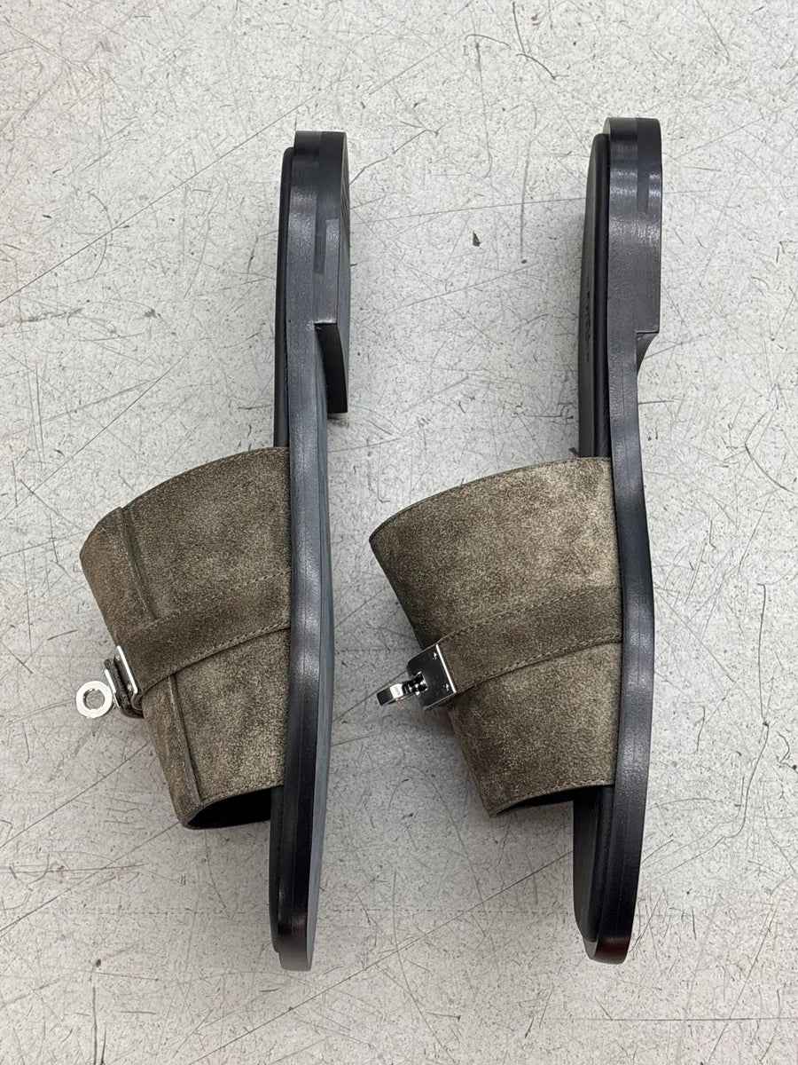 Hermès Olive Taupe Suede Kelly Lock Slide Sandals hZldmDvj 5