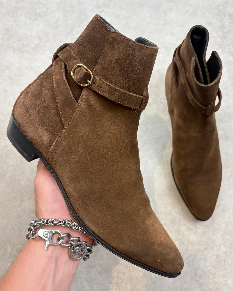 Celine Tan Brown Suede Ring Buckle Boots by Hedi Slimane gMPeEqY 0