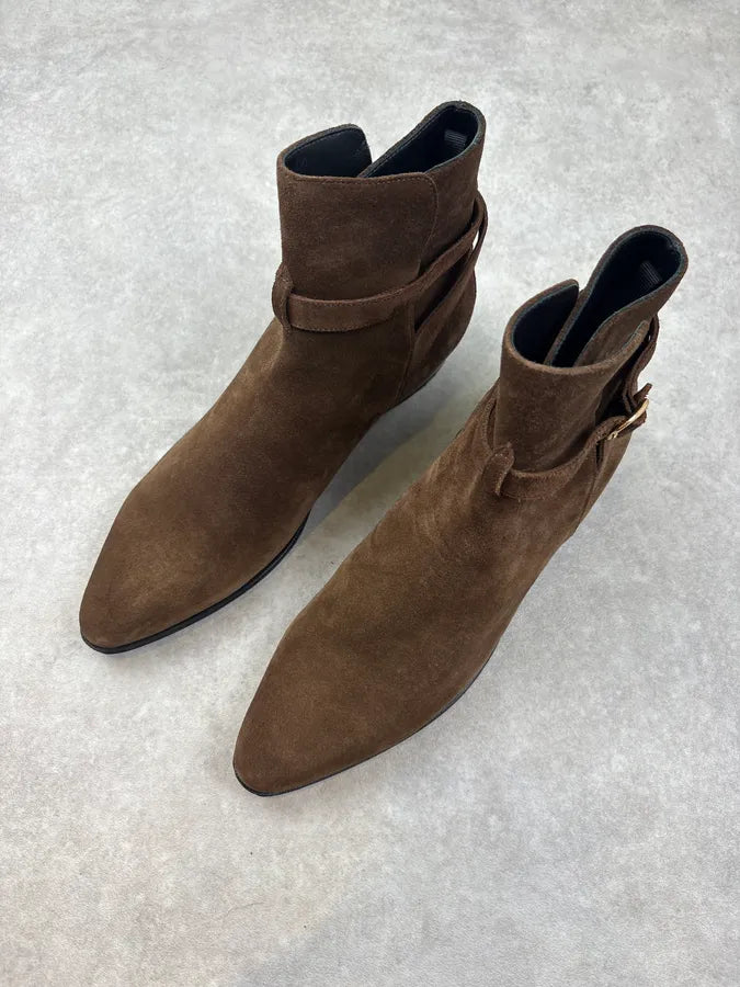 Celine Tan Brown Suede Ring Buckle Boots by Hedi Slimane gMPeEqY 1