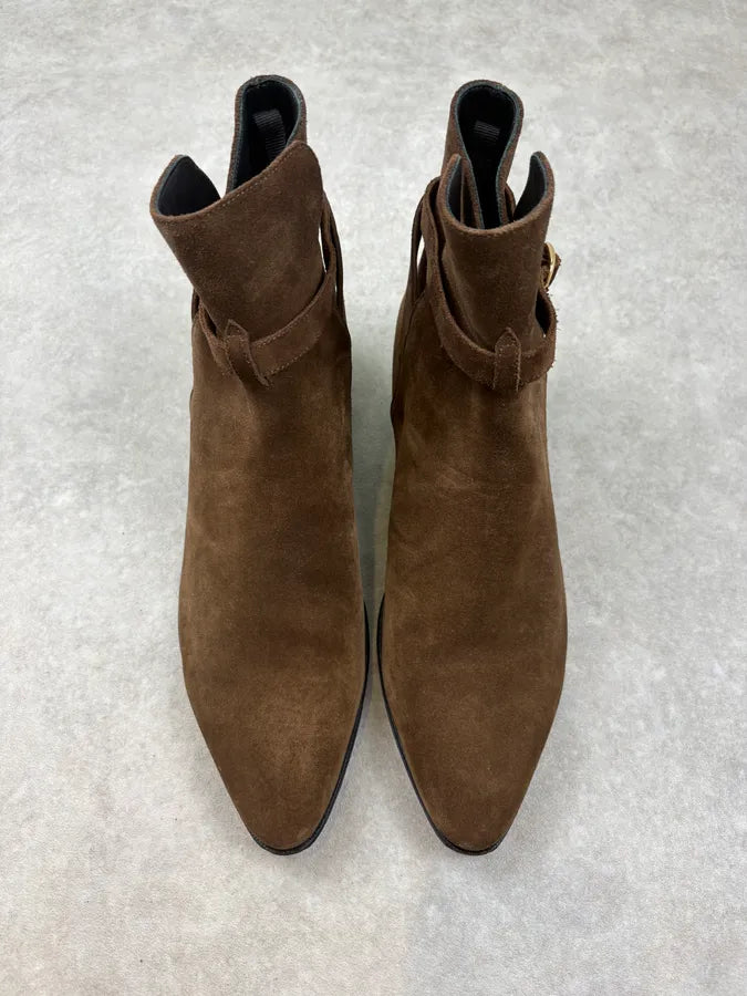 Celine Tan Brown Suede Ring Buckle Boots by Hedi Slimane gMPeEqY 2