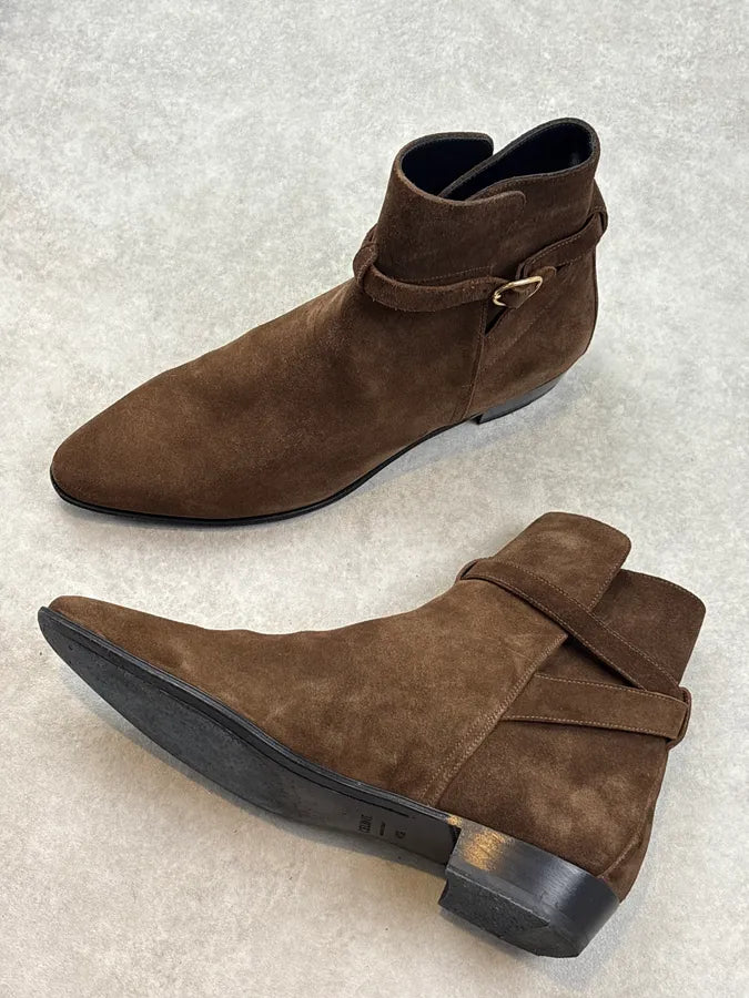 Celine Tan Brown Suede Ring Buckle Boots by Hedi Slimane gMPeEqY 5