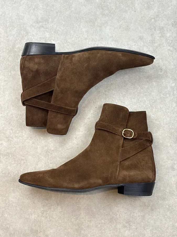Celine Tan Brown Suede Ring Buckle Boots by Hedi Slimane gMPeEqY 3