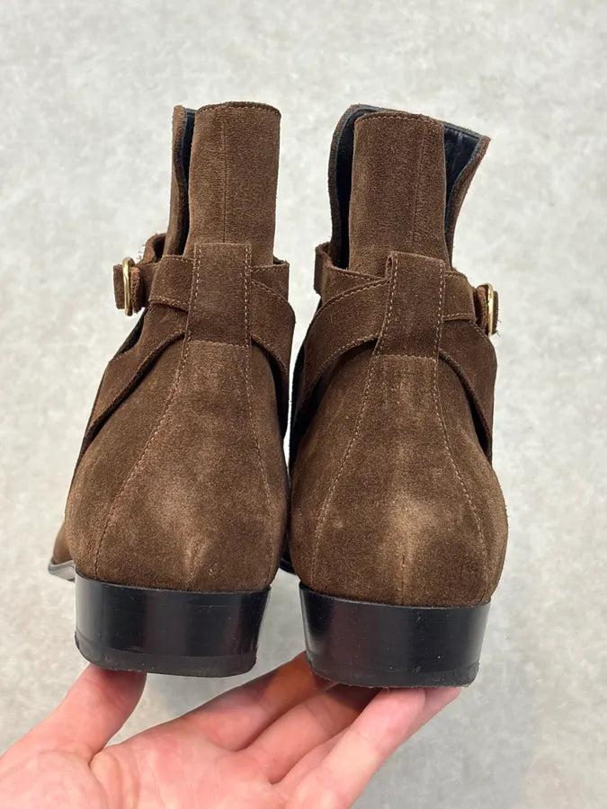 Celine Tan Brown Suede Ring Buckle Boots by Hedi Slimane gMPeEqY 6