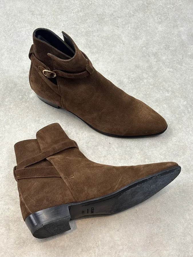Celine Tan Brown Suede Ring Buckle Boots by Hedi Slimane gMPeEqY 4