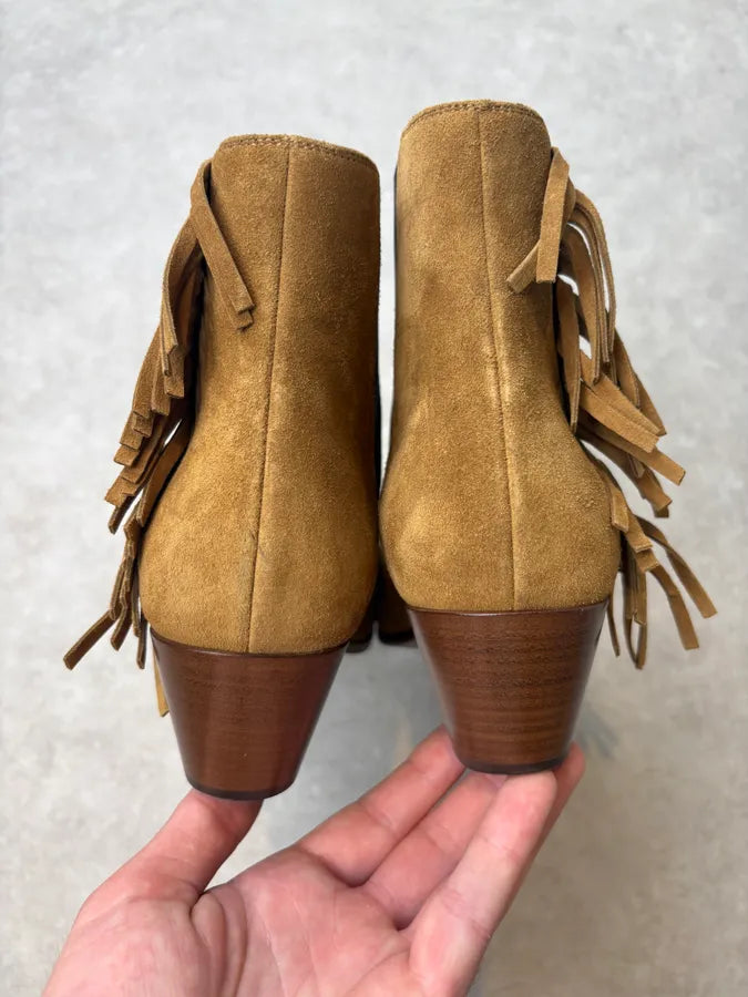 2010s Saint Laurent Taupe Suede Fringe Boots by Hedi Slimane NxHVssu 5