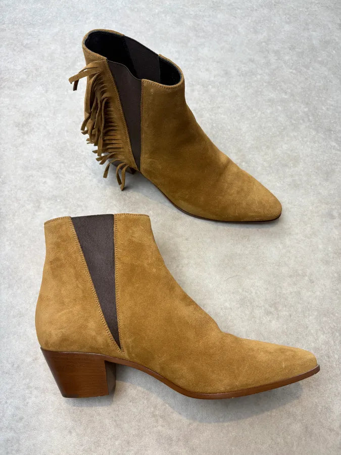 2010s Saint Laurent Taupe Suede Fringe Boots by Hedi Slimane NxHVssu 3