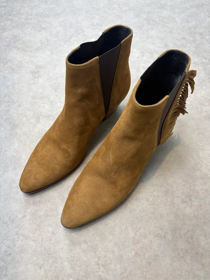 2010s Saint Laurent Taupe Suede Fringe Boots by Hedi Slimane NxHVssu 2