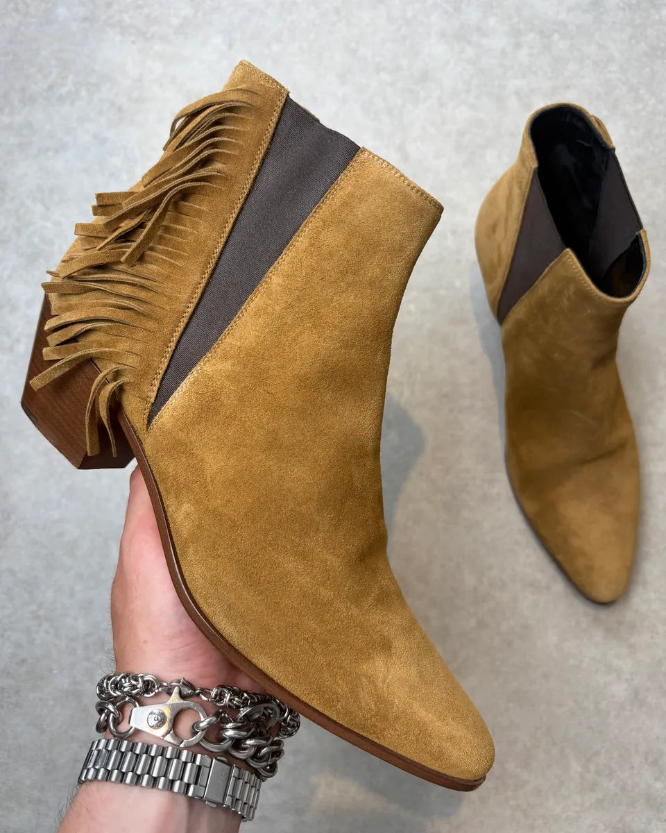 2010s Saint Laurent Taupe Suede Fringe Boots by Hedi Slimane NxHVssu 0