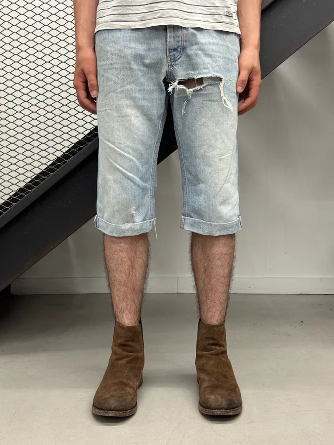 AW2000 Helmut Lang Light Blue Denim Distressed Shorts OMPMBUh 0