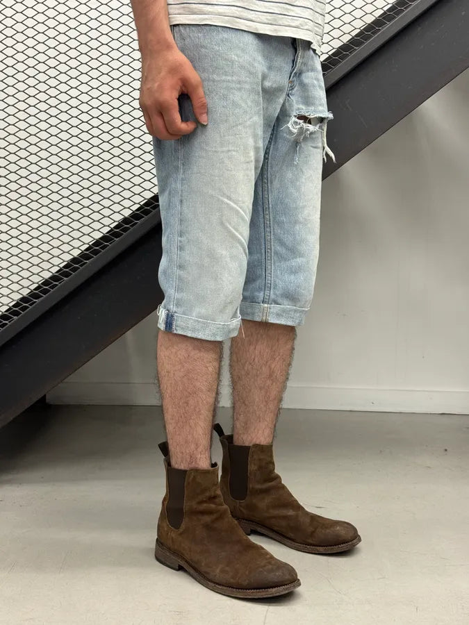 AW2000 Helmut Lang Light Blue Denim Distressed Shorts OMPMBUh 1