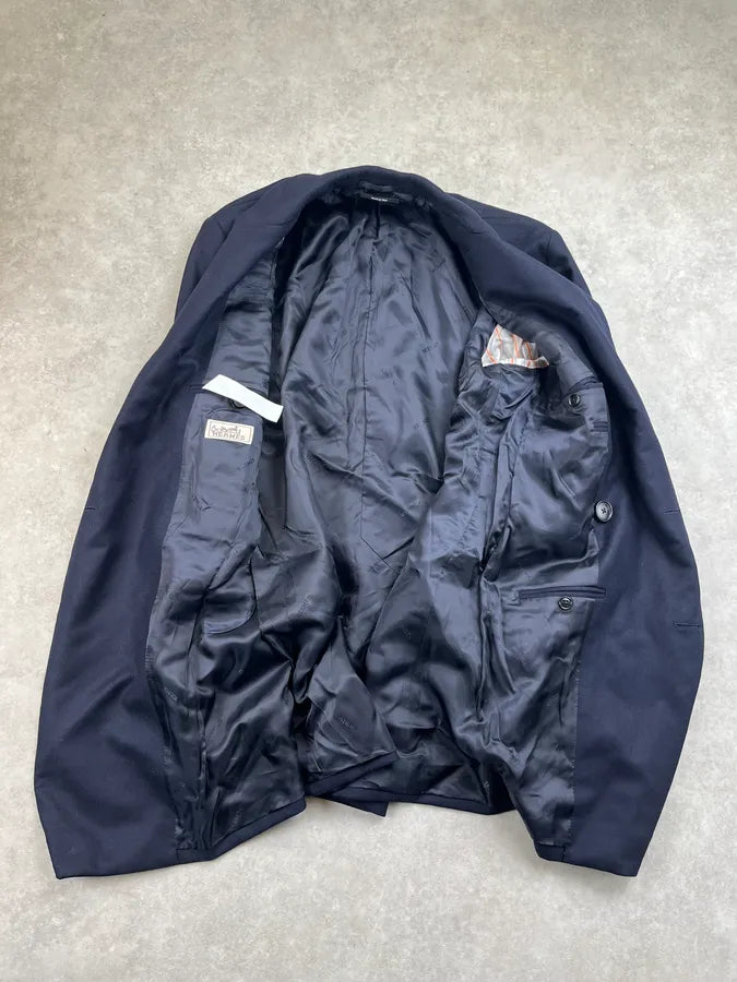 AW2021 Hermes Navy Hybrid Wool Leather Patch Double Breasted Coat QKPzhsy 5