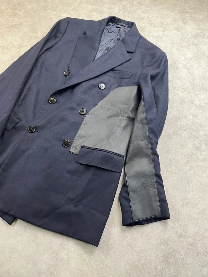 AW2021 Hermes Navy Hybrid Wool Leather Patch Double Breasted Coat QKPzhsy 6