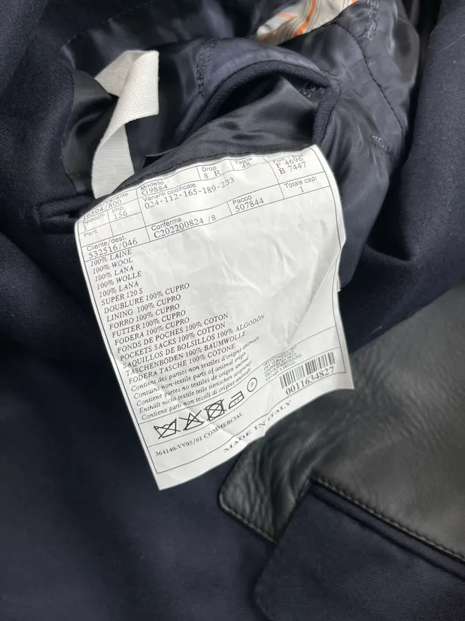 AW2021 Hermes Navy Hybrid Wool Leather Patch Double Breasted Coat QKPzhsy 9