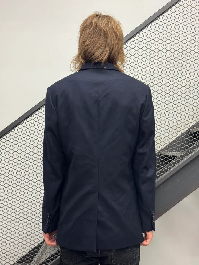 AW2021 Hermes Navy Hybrid Wool Leather Patch Double Breasted Coat QKPzhsy 1