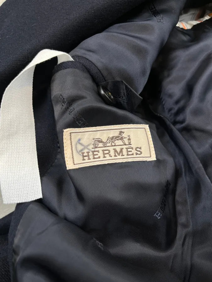 AW2021 Hermes Navy Hybrid Wool Leather Patch Double Breasted Coat QKPzhsy 10