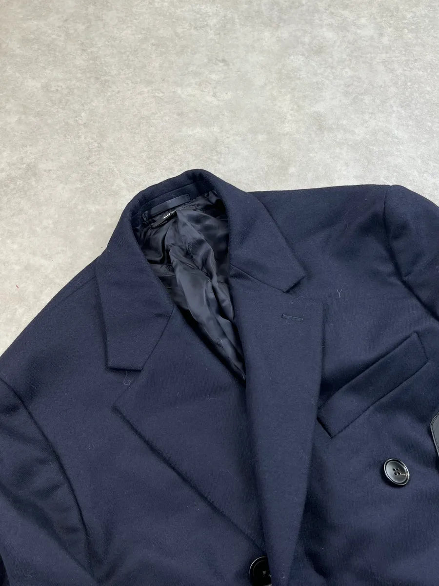AW2021 Hermes Navy Hybrid Wool Leather Patch Double Breasted Coat QKPzhsy 3