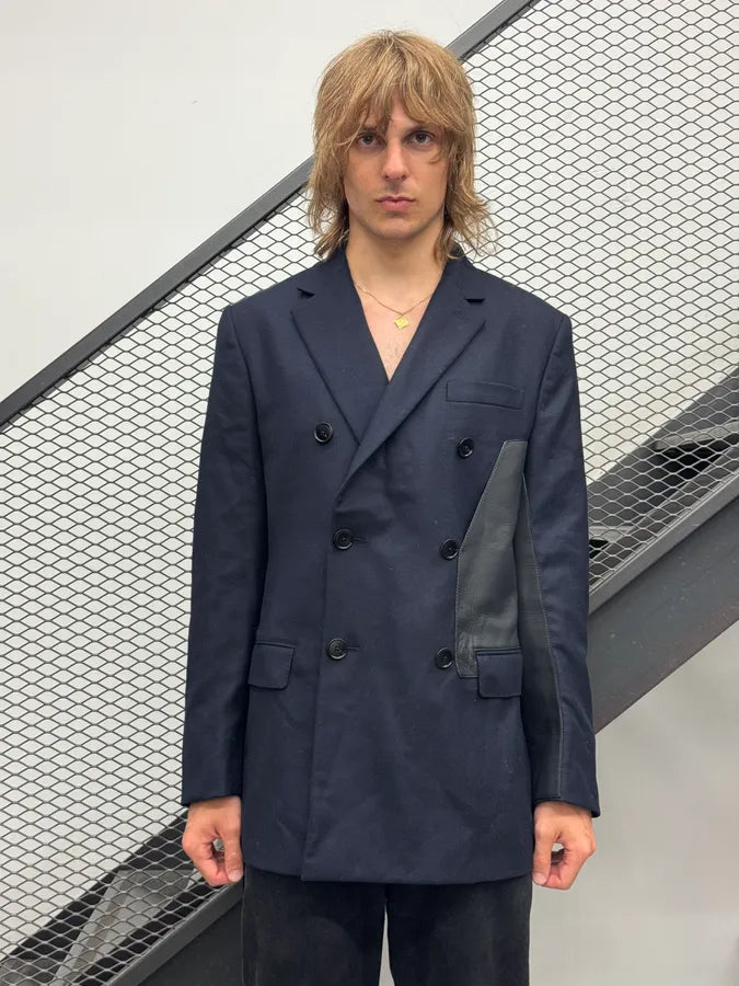 AW2021 Hermes Navy Hybrid Wool Leather Patch Double Breasted Coat QKPzhsy 0