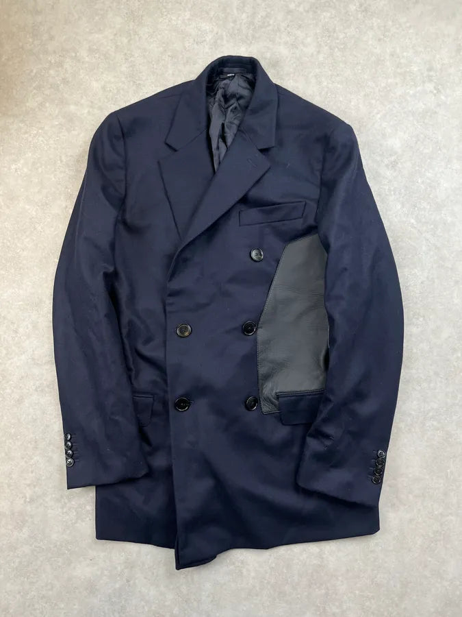 AW2021 Hermes Navy Hybrid Wool Leather Patch Double Breasted Coat QKPzhsy 2