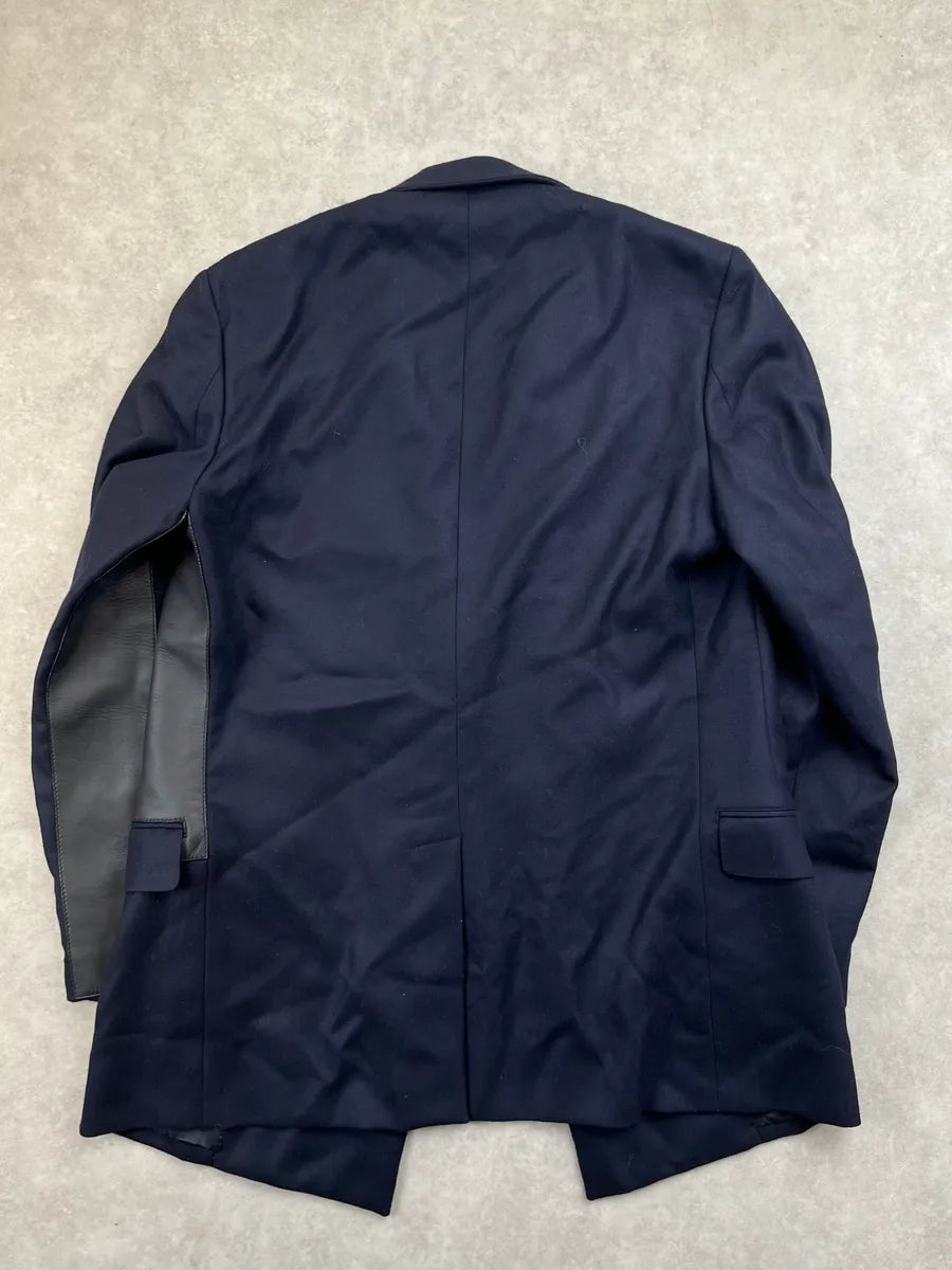 AW2021 Hermes Navy Hybrid Wool Leather Patch Double Breasted Coat QKPzhsy 4